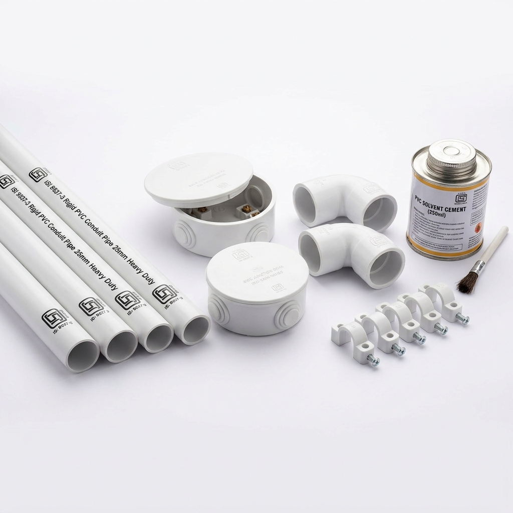 PVC Conduits, J-Boxes & Electrical Fittings (Rigid Pipe, Bends & Casing)